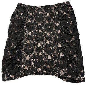 Sexy Black Lace Overlay Mini Skirt Stretch Side Ruching Back Zip Bodycon